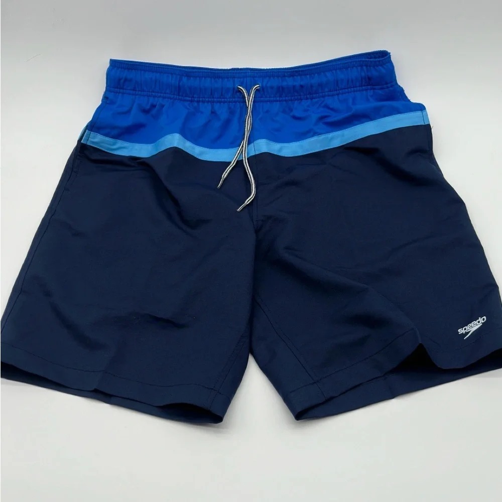 Men's Speedo Size Large 2-Way Stretch UPF 50+ Swim Trunks Lined Shorts Blue